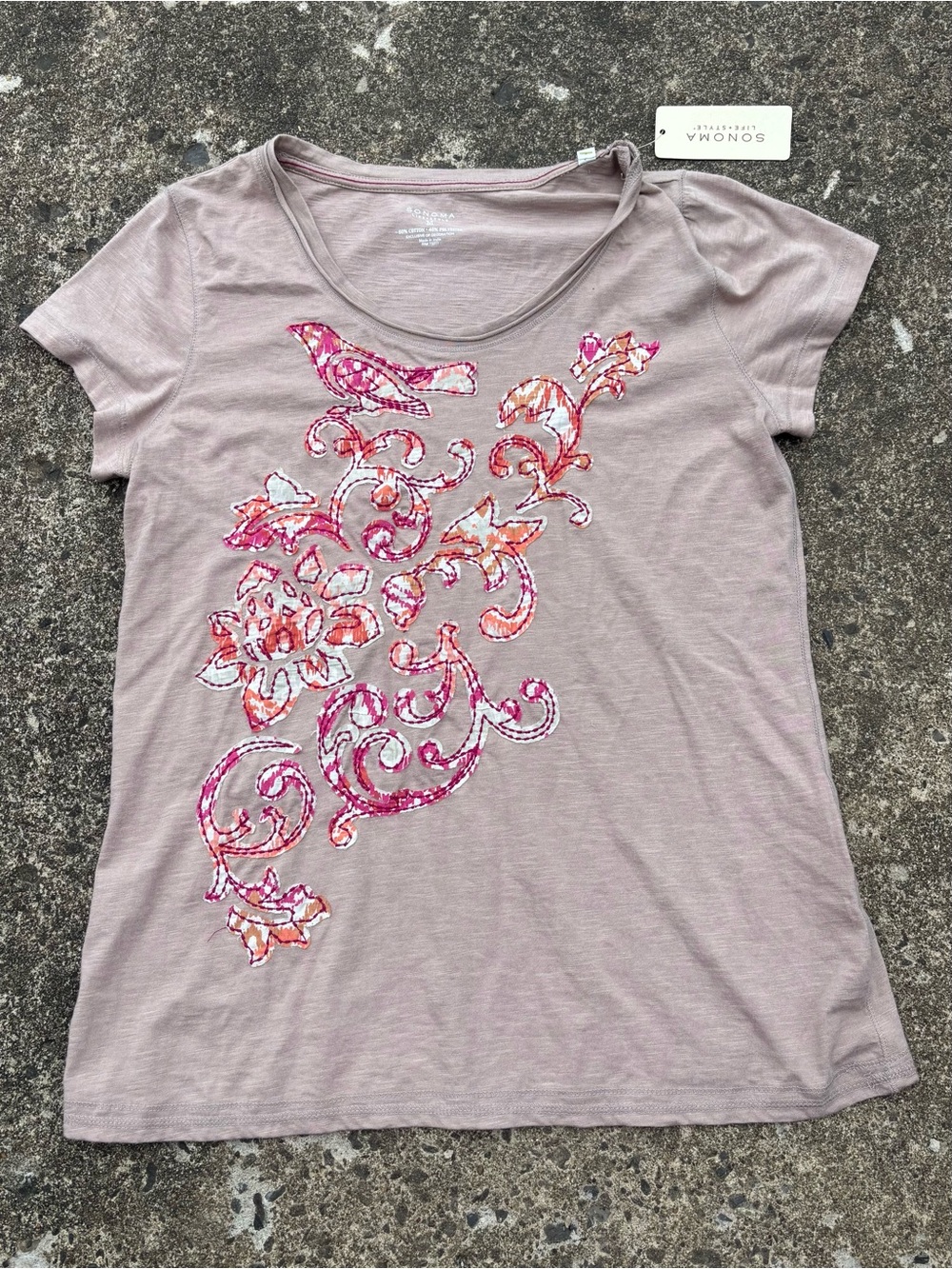 Sonoma Mauve Short-Sleeve Tee with Pink & Orange Floral Embroidery